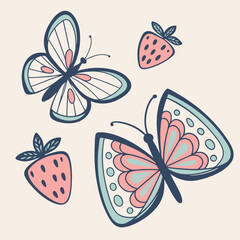 Fototapeta premium Whimsical butterflies and strawberries illustration
