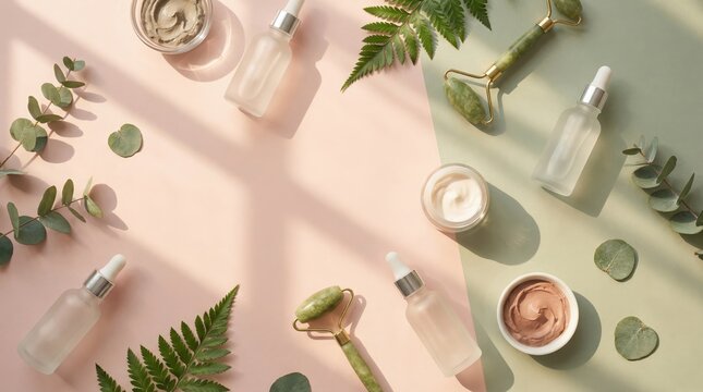 Aesthetic skincare products arranged on a pastel background with natural elements and jade rollers