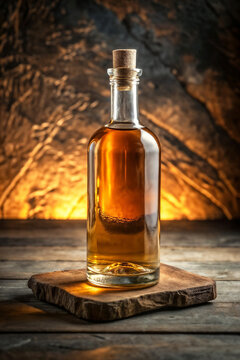 Rustic cacha&ccedil;a bottle with cork stopper on dark slate. Golden liquid fills cacha&ccedil;a bottle, showcasing traditional wooden stopper, aged appearance.