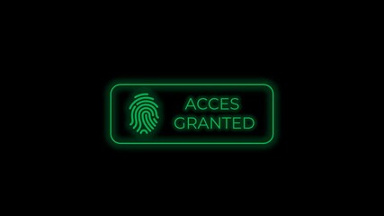 Neon green fingerprint scanner glowing with ACCES GRANTED text on a dark background, illustrating secure entry and digital authentication - Powered by Adobe