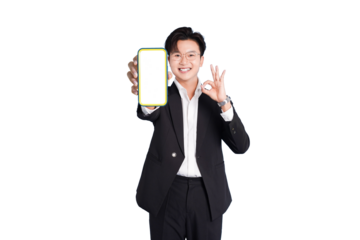 Modern Technology Presentation: A confident individual showcases a sleek smartphone with a blank screen, gesturing an 'okay' sign, symbolizing modern technology and the ease of digital communication.