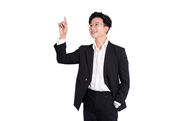 Young professional pointing upwards: A poised young professional, dressed in a sharp suit, points upwards, radiating confidence and vision. A portrait of ambition and forward-thinking