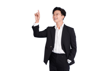 Young professional pointing upwards: A poised young professional, dressed in a sharp suit, points upwards, radiating confidence and vision. A portrait of ambition and forward-thinking