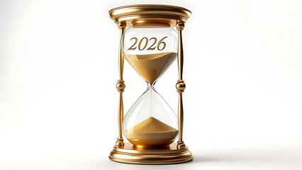 A classic hourglass, ornate gold, with "2026" displayed. Sand flows through clear glass, signifying passing time