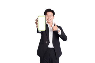 Business Professional with a Smartphone: A confident businessman displays a smartphone with a blank screen, gesturing a thumbs up to showcase the device and its possibilities.