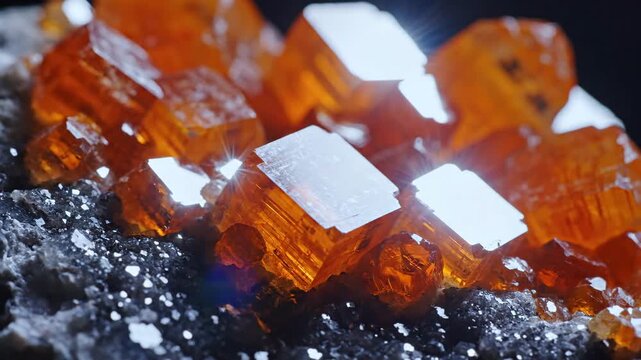 Gleaming orange wulfenite crystal plates with white accents on a dark, textured mineral matrix, showcasing geological beauty.