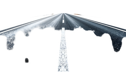 A straight, seemingly endless road with a central white line, isolated on black