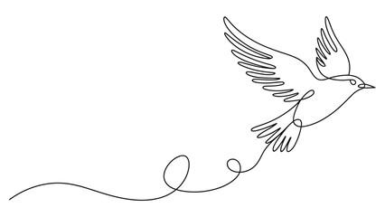 Continuous one line flying bird illustration with wings spread, minimal line art dove symbol of freedom and peace isolated on white © muhammad