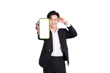 Technology and Confidence: A smiling professional showcases a sleek smartphone, presenting a blank screen, highlighting the convergence of modern technology and a poised, professional demeanor.