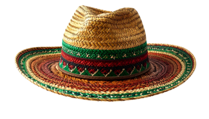 A woven straw hat, with a wide brim and colorful trim, isolated on black