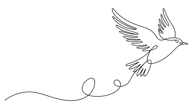 Continuous one line flying bird illustration with wings spread, minimal line art dove symbol of freedom and peace isolated on white
