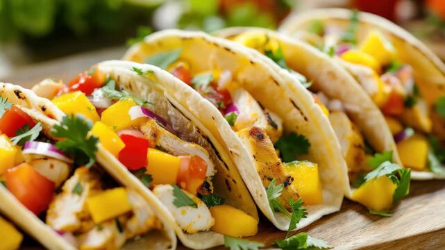 A mouthwatering platter of tacos filled with juicy grilled chicken, sweet pineapple chunks, diced red onions, and fresh cilantro. Garnished with finely chopped tomato on a rustic wooden board.