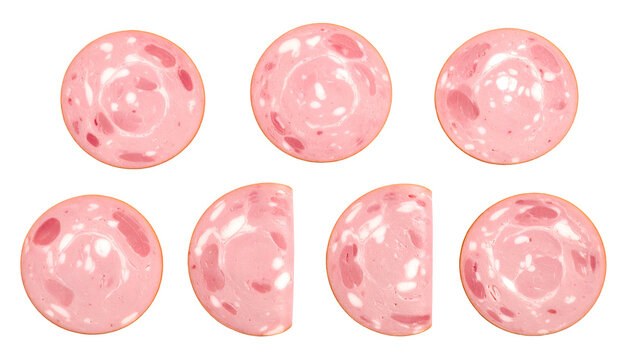 Sliced deli meat in various perspectives. Highlights the food's texture and cross-section
