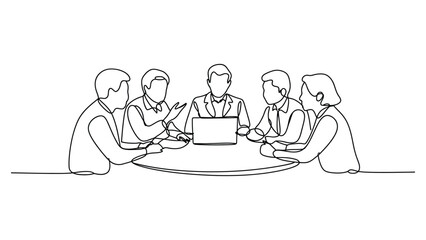 Continuous one line business team meeting illustration with people sitting at table working on laptop, minimal line art teamwork concept © muhammad