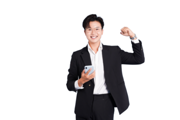 The Confident Entrepreneur: A smartly dressed man, radiating self-assurance, clutches a smartphone while striking a pose of determination and success, embodying modern business savvy and ambition.