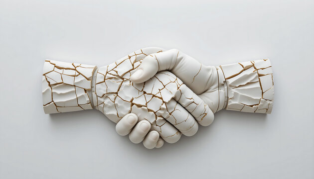 Sculpture of two hands shaking with cracked white surface, symbolizing partnership, agreement, or broken trust on a plain white background.