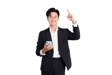 Confident Professional: A stylish professional, holding a smart phone and pointing upwards, exudes confidence and forward-thinking.
