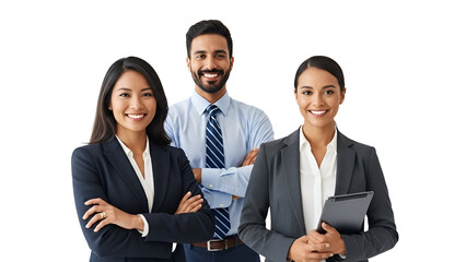 Diverse business team of confident professionals featuring two women and one man, posing happily in corporate attire with a tablet, isolated on transparent background.
