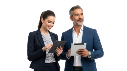 Confident diverse business colleagues, a man in a blue suit and a woman in pinstripes, smiling while interacting with digital tablets, representing modern professionalism and teamwork, isolated on tra