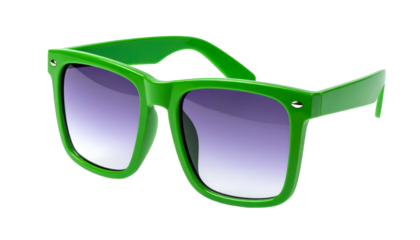 Vibrant green sunglasses with purple-tinted lenses, set against a black backdrop
