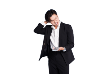 Frustration and Doubt: An individual in a formal suit stands, displaying visible signs of worry, confusion and doubt