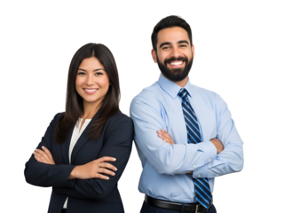 Confident multiethnic business professionals standing back to back, smiling with arms crossed, showcasing teamwork and partnership, isolated on transparent background.