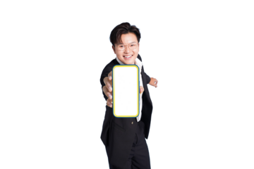 Mobile Interface Presentation: An entrepreneur presents a modern mobile phone with a clean, blank screen. He is projecting an image of technological proficiency, innovation, and digital interface