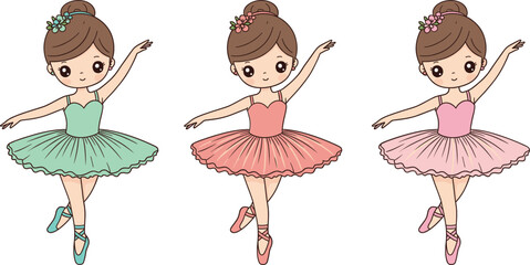 Set of cute little ballerina characters dancing in colorful tutus and ballet shoes isolated on white background. © Sumon Creative