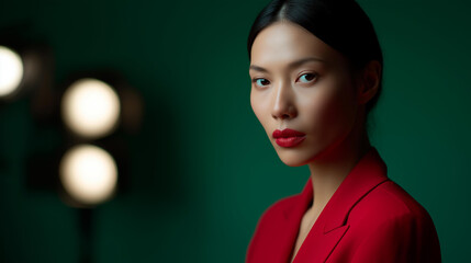 Faceless woman model poses on studio set for photo shoot wearing red jacket with lighting equipment in background, fashion photography session, defocused person, with copy space