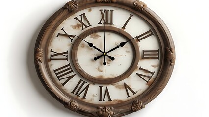 A classic, ornate wall clock with Roman numerals, aged face, and a detailed wooden frame against a white backdrop