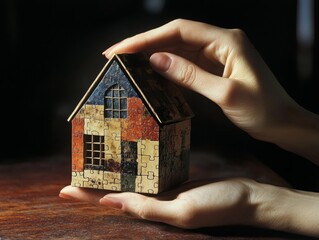 A woman's hand shields a small wooden house made of puzzle pieces on a desk.
