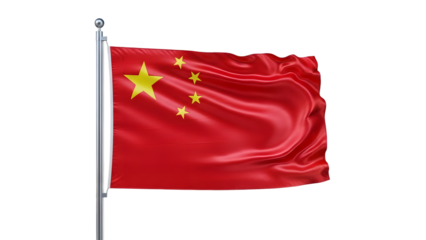 The flag of china waving on a pole isolated on transparent background with yellow stars