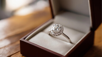 Elegant white gold ring with large diamond in jewelry box on table, blurred background, closeup shot, professional photography, studio lighting, soft light, high-quality photo, wit