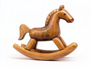 A wooden rocking horse is shown against a white background.
