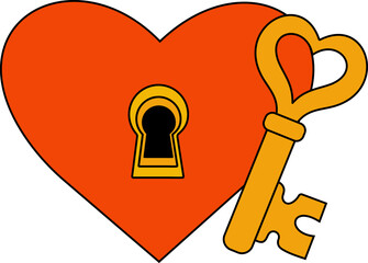 Vintage red heart with keyhole and yellow key in classic Americana tattoo style. Ideal for Valentine designs, wedding graphics,  posters, tattoo-inspired artwork, love symbolism, stickers