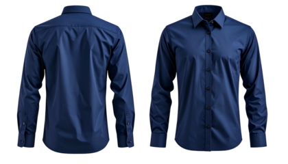 Two views of a long-sleeved, solid navy blue button-down shirt, front and back, against black