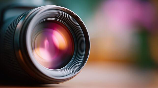 Closeup of camera lens with blurred colorful background, highlighting precision and beauty of modern photography equipment, optical technology detail, bokeh visualization, with cop