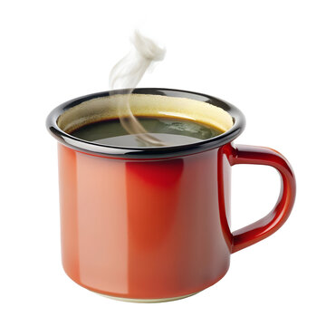 Steaming cup of coffee in red mug