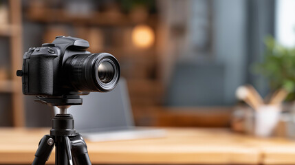 Professional camera on tripod in modern photo studio, commercial photography equipment, imaging workspace setup, studio camera configuration, production facility gear, with copy sp