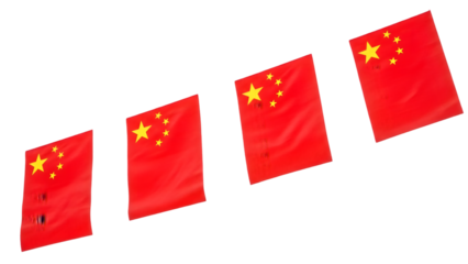 Four chinese flags waving in the wind isolated on transparent background