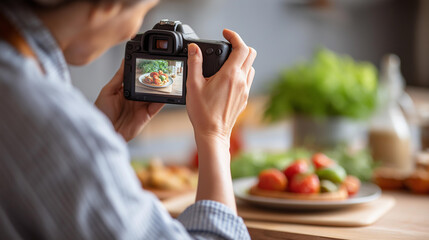 Faceless top view closeup of food photographer holding digital camera with image on screen while working in home studio, culinary photography, defocused hands with camera, with cop