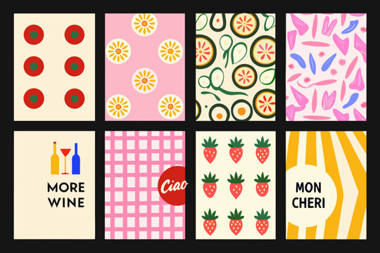 Colorful abstract patterns featuring fruits drinks and geometric shapes in a grid