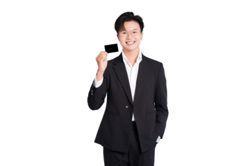 Confident Professional and Card: A poised individual, radiating confidence, presents a blank card in a setting designed to convey professionalism and authority.