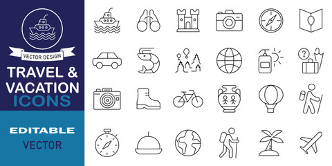 Travel and vacation icon set. Set of 24 line icons related to leisure, travel, entertainment, holiday, journey, tourism and more. Outline icon collection. Vector illustration.