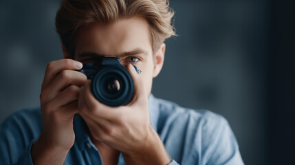 Faceless professional photographer capturing perfect shot with high-end camera in studio setting, content creation work, commercial photography, defocused person with equipment, wi