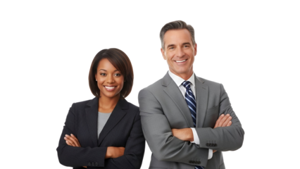 Diverse business couple, a smiling professional man and woman in suits, arms crossed back to back, embodying teamwork and corporate success, isolated on transparent background.