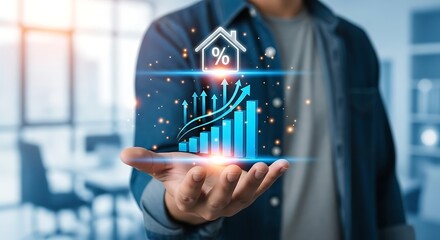 Man holding a holographic projection of a house with a percentage sign and a rising bar graph, symbolizing real estate market growth and interest rates.