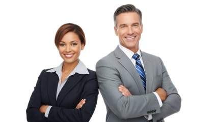 Diverse business couple, a smiling professional man and woman in suits, arms crossed back to back, embodying teamwork and corporate success, isolated on transparent background.