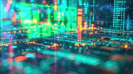 A vibrant digital cityscape with glowing neon lights and a dense urban grid. Futuristic, high-tech computer interface or abstract art. - Powered by Adobe