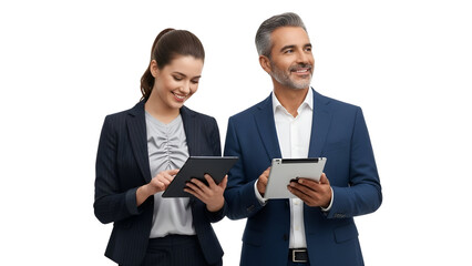 Confident diverse business colleagues, a man in a blue suit and a woman in pinstripes, smiling while interacting with digital tablets, representing modern professionalism and teamwork, isolated on tra